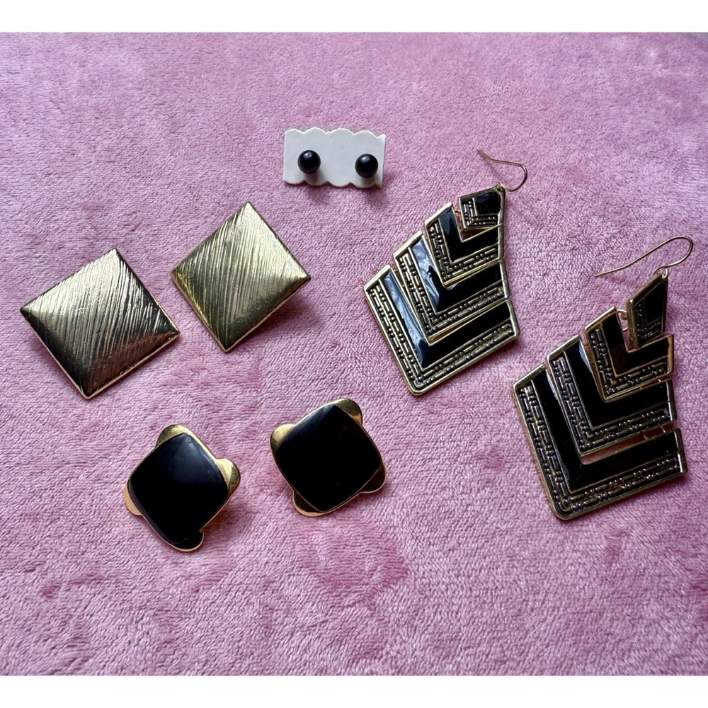 Vintage Black Gold Statement Earrings Lot Square Studs & Dangle Set of 3 Pairs